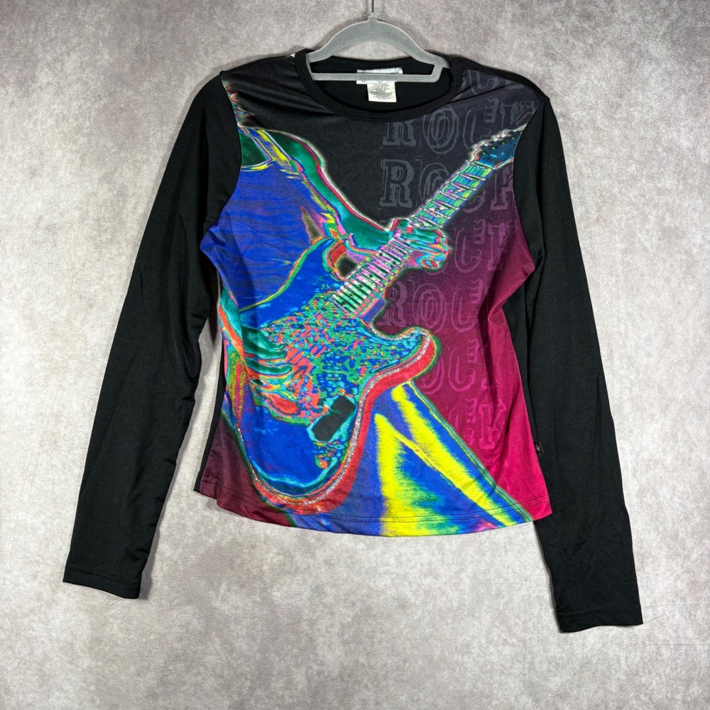 Self Esteem Top Women XL Black Guitar Graphic Y2K Cyber Grunge Long Sleeve Shirt